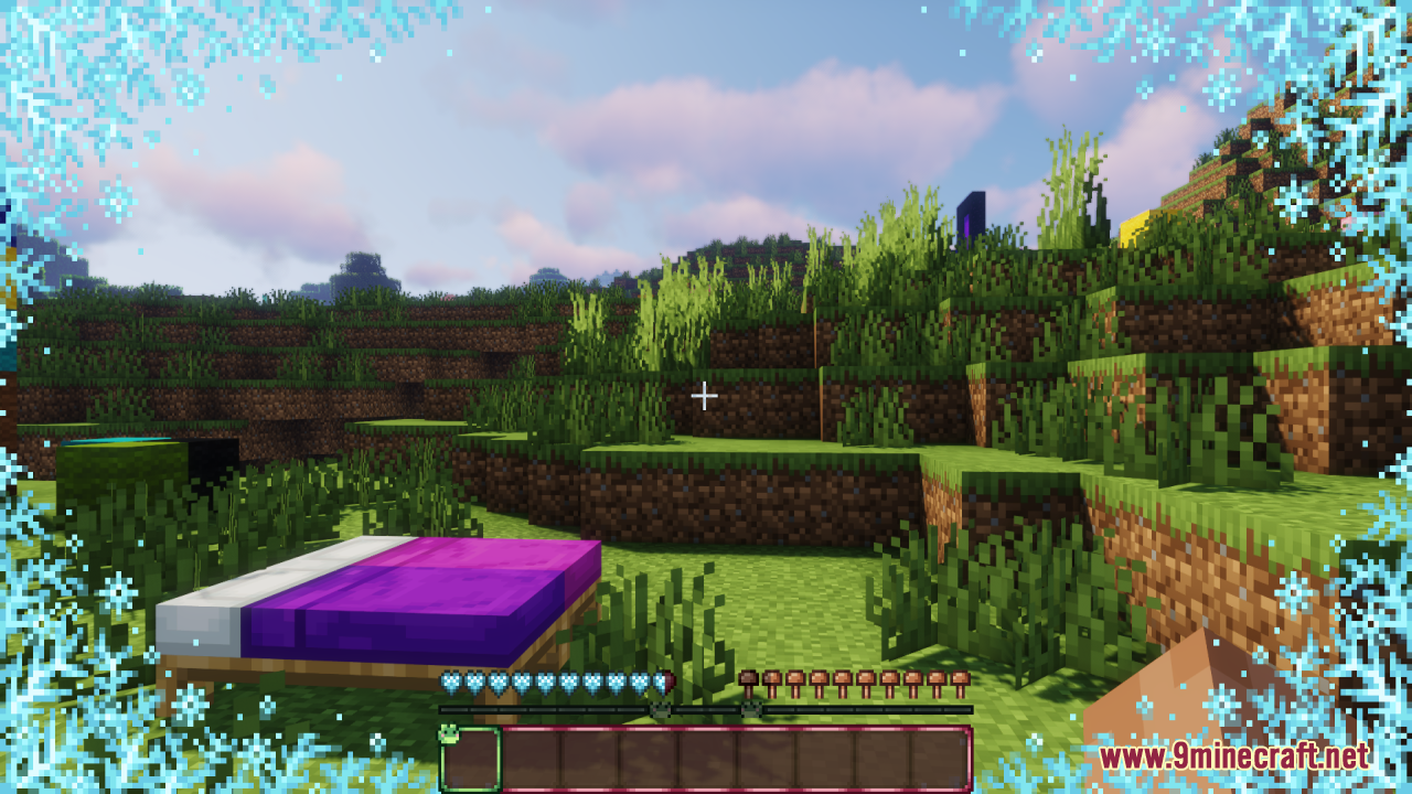 Frogcrafting Hotbar Resource Pack Screenshot 4 A purple bed sits on grass with a snowflake border and custom interface