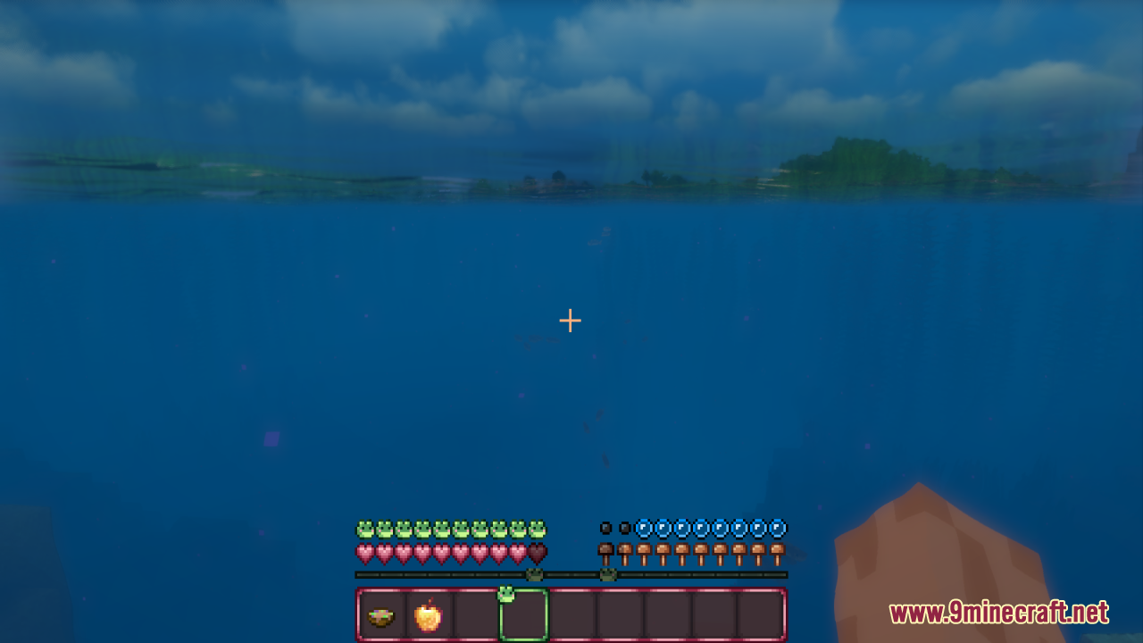Frogcrafting Hotbar Resource Pack Screenshot 5 Minecraft player swimming underwater with a custom frog themed hotbar and health bar