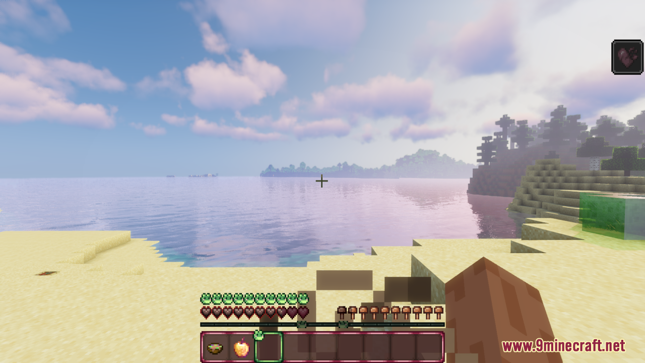 Frogcrafting Hotbar Resource Pack Screenshot 6 Scenic beach view showing the custom frog themed health and hunger bar