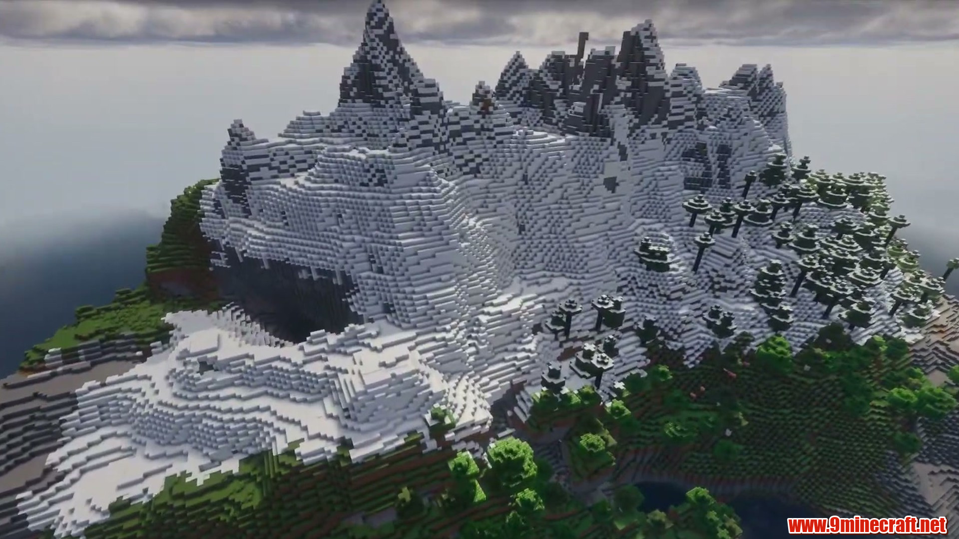 Terrain and landmarks in Minecraft seed 4893823232912282113