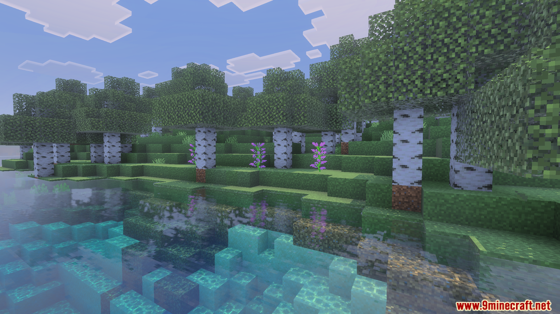 Full Grown Grass Texture Pack Screenshot 3 Birch forest near water with grass blocks showing an overgrown green appearance