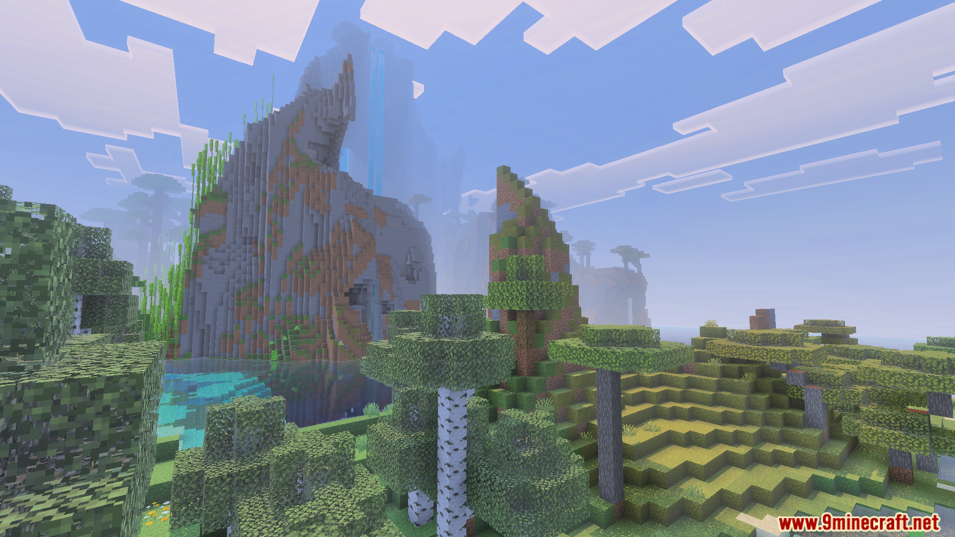 Full Grown Grass Texture Pack Screenshot 4 Scenic mountain landscape with grass blocks featuring full green side textures