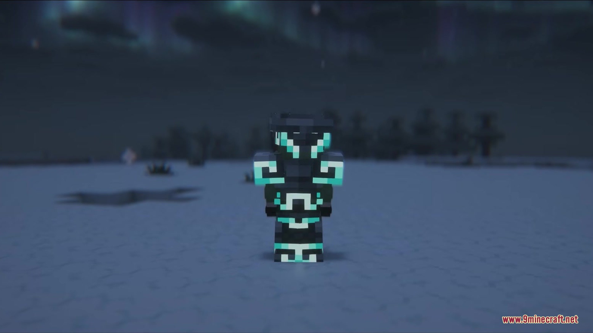 Functional Armor Trims Mod Screenshot 1 A player wearing dark armor with glowing cyan trims under the aurora sky