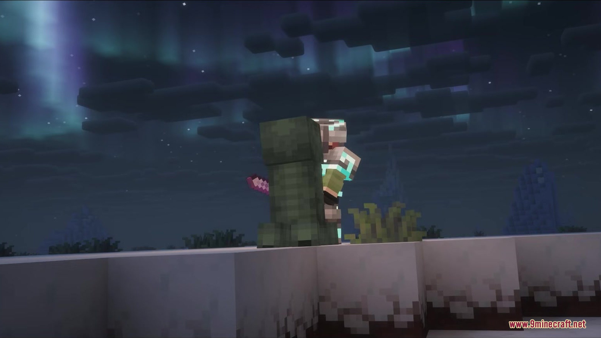 Functional Armor Trims Mod Screenshot 2 A player wearing trimmed armor standing behind a creeper in a snowy landscape