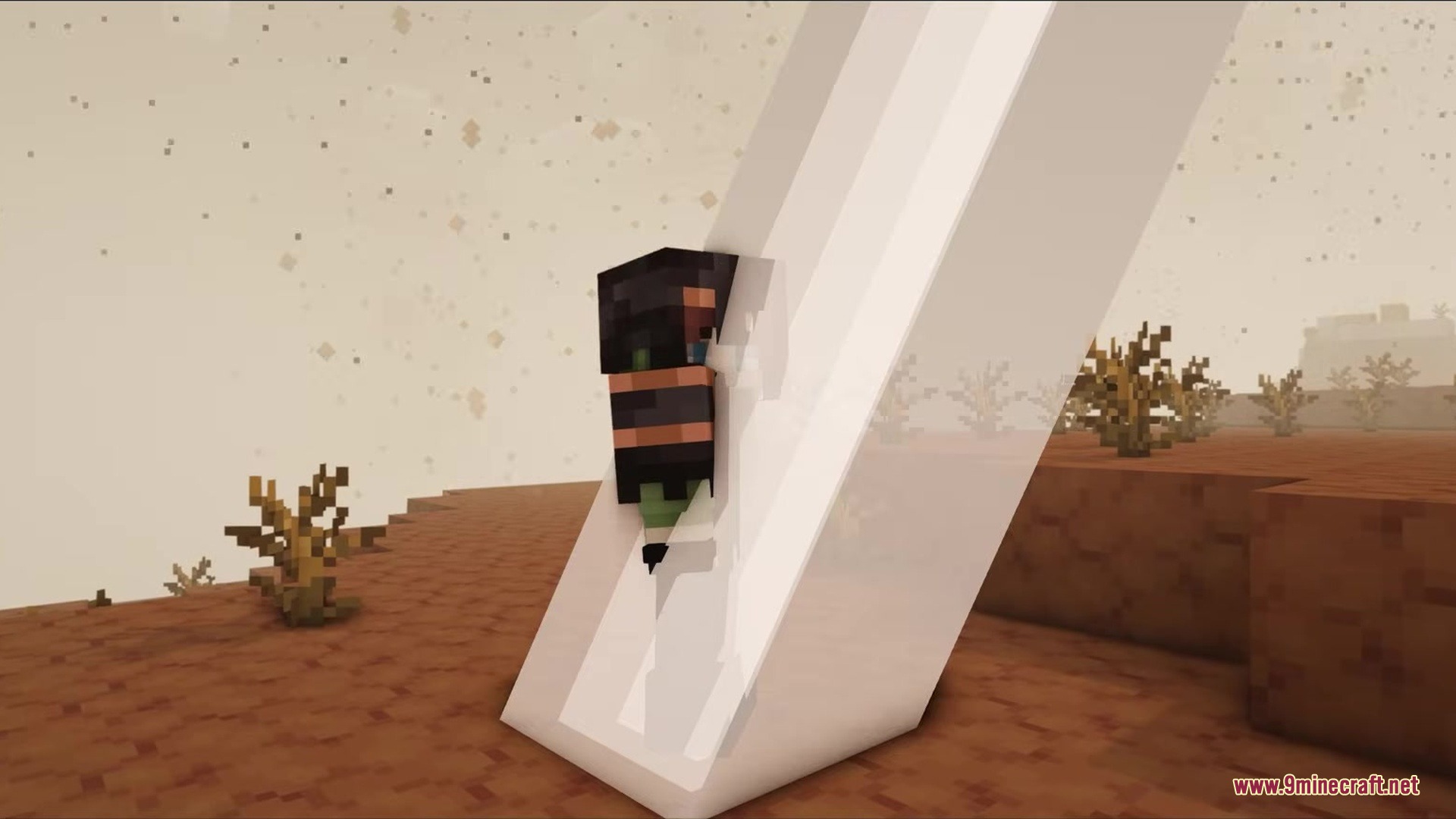 Functional Armor Trims Mod Screenshot 5 A player character using resin armor trim to stick to a white pillar