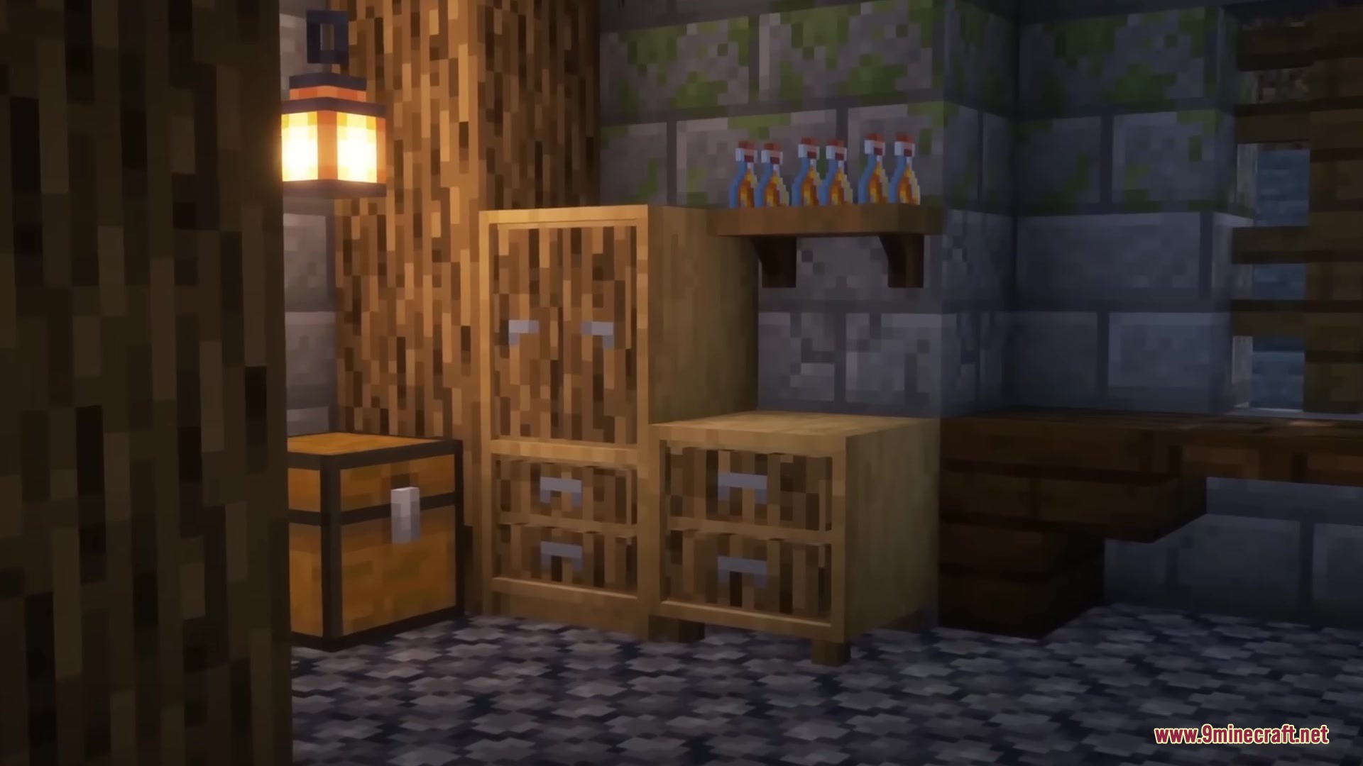 A wooden wardrobe and cabinet set against a stone brick wall