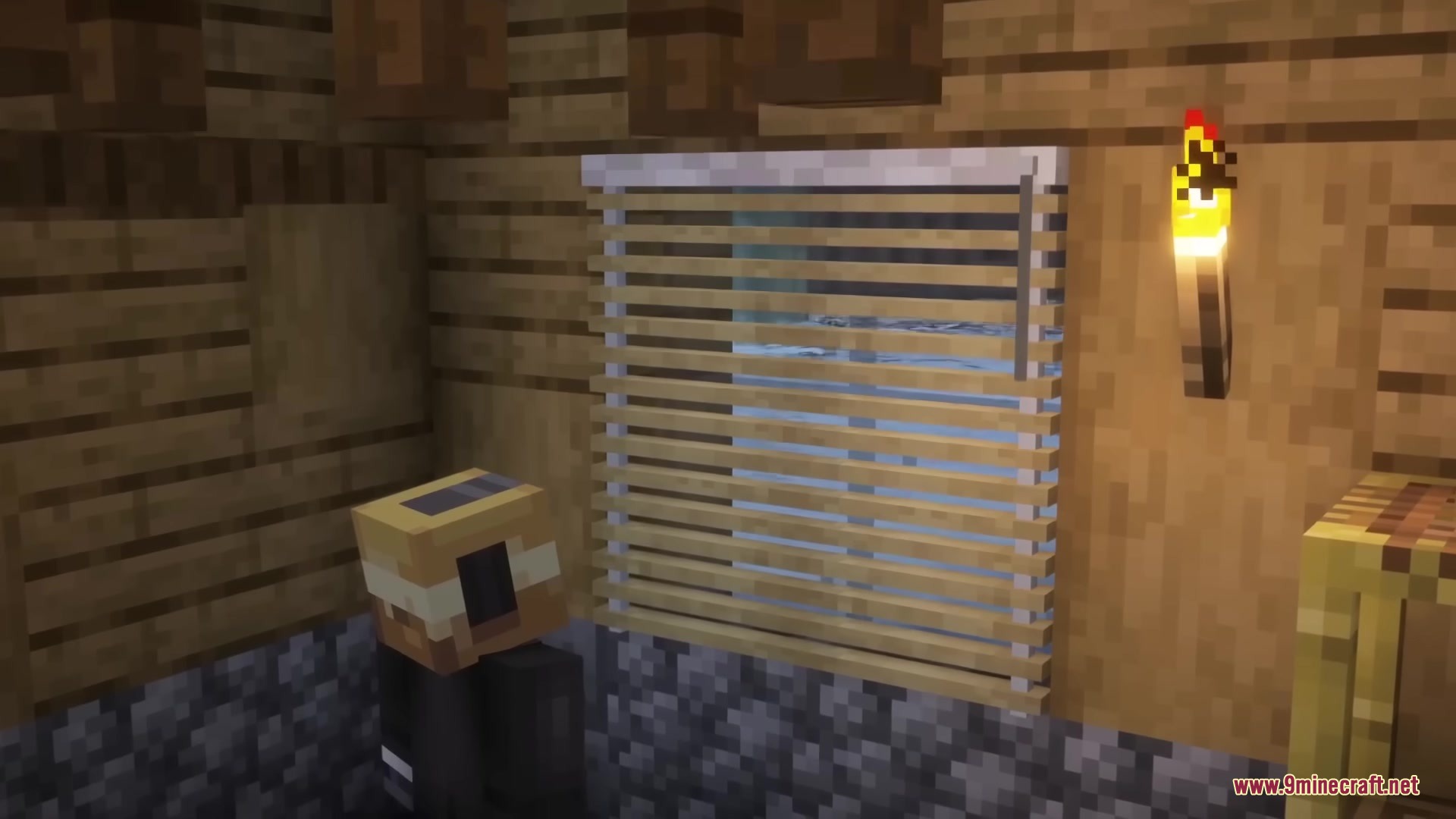 A player character looks at horizontal window blinds inside a cozy wooden house