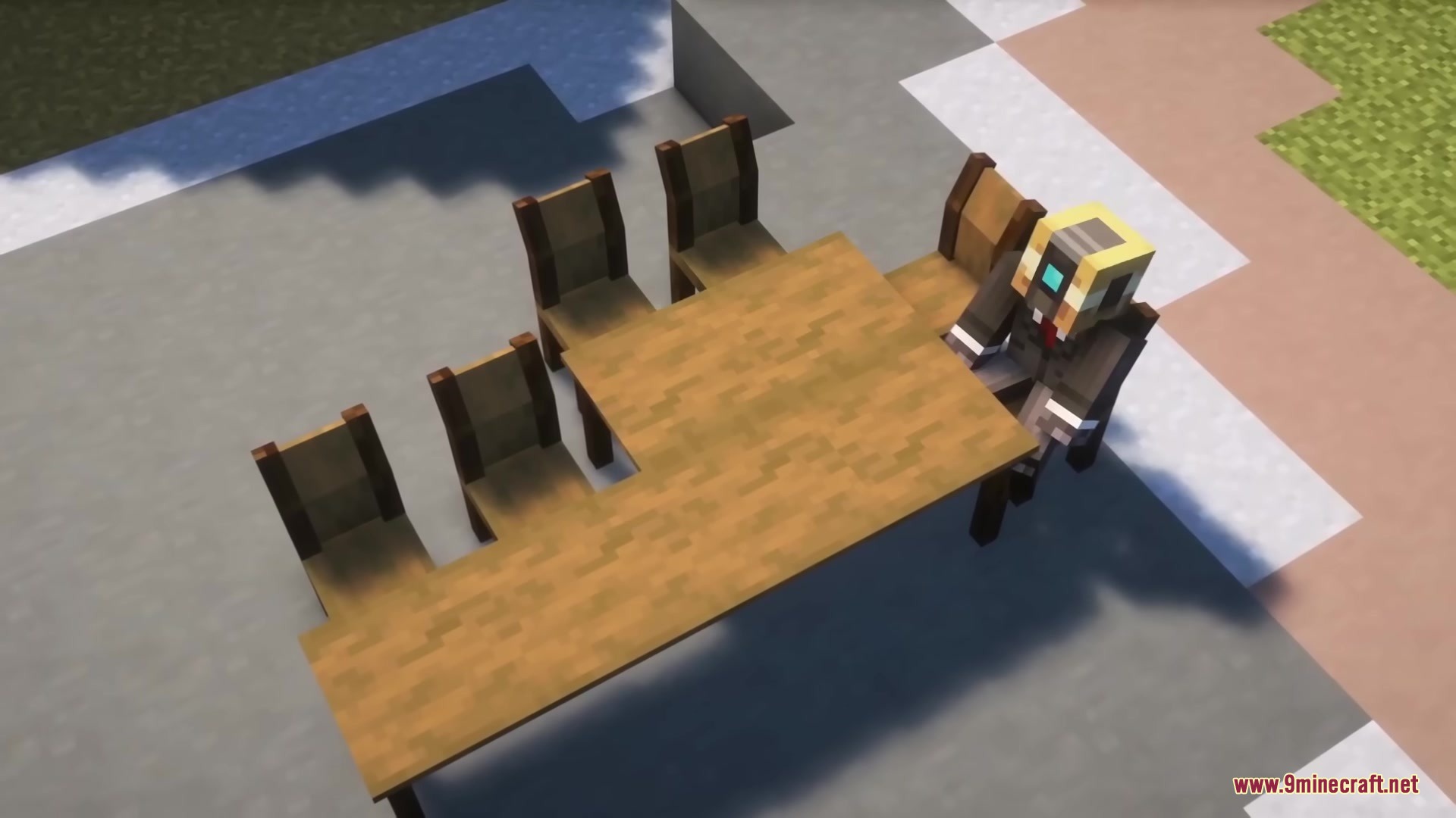 A Minecraft character sitting at a large wooden table with several chairs