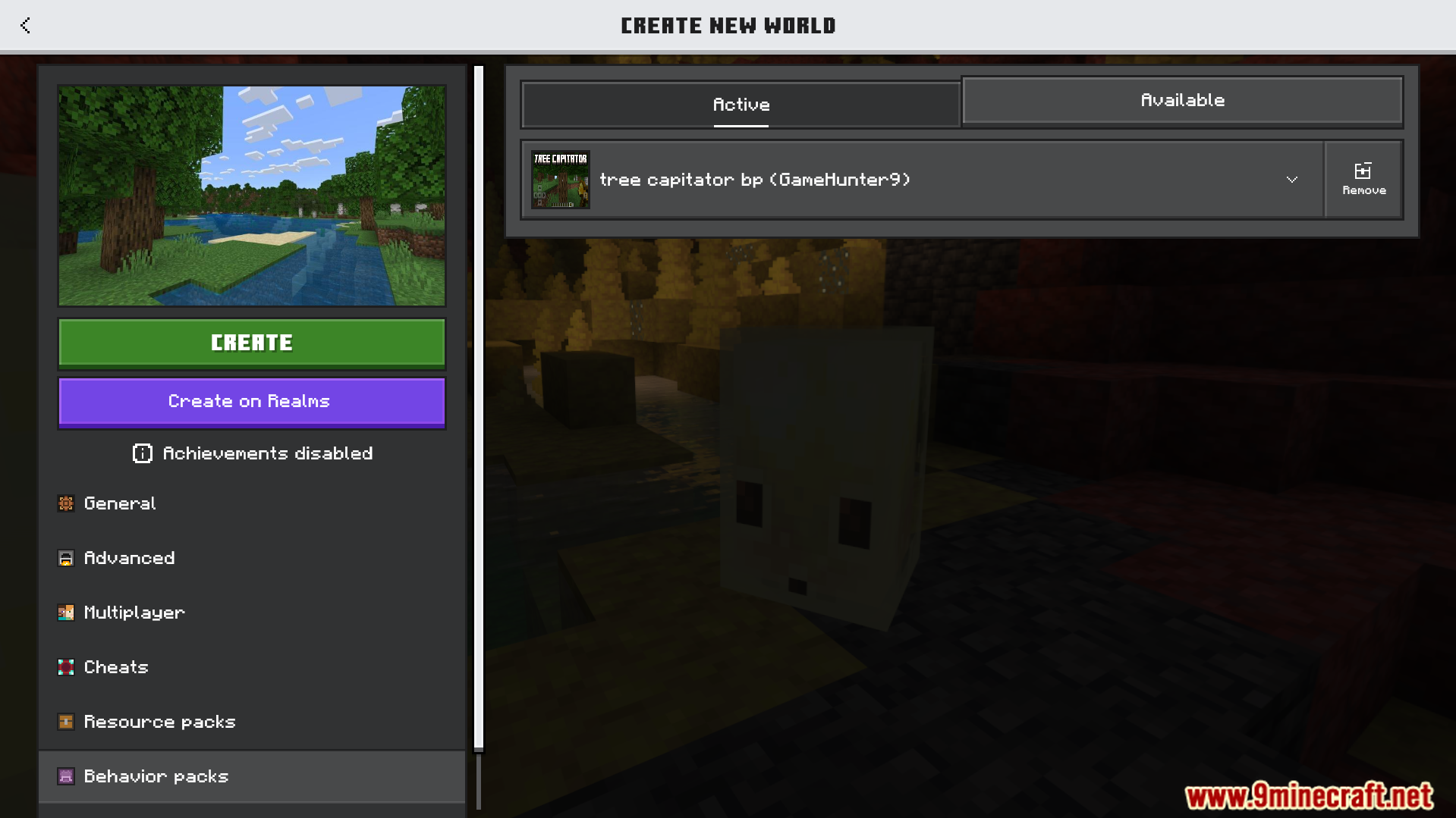 GHs Tree Capitator Addon Screenshot 1 Minecraft menu showing the active tree capitator behavior pack for a new world