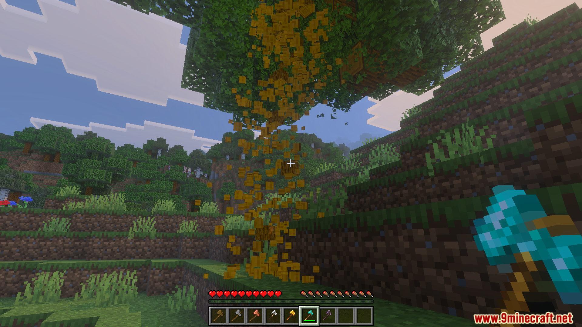 GHs Tree Capitator Addon Screenshot 3 Player chops a tree with a diamond axe showing a satisfying breaking sequence