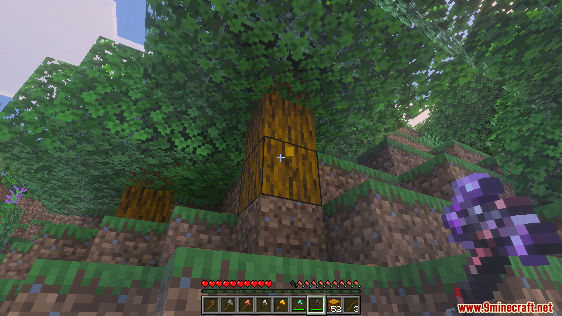 GHs Tree Capitator Addon Screenshot 5 Player aiming at a tree trunk with an axe in survival mode