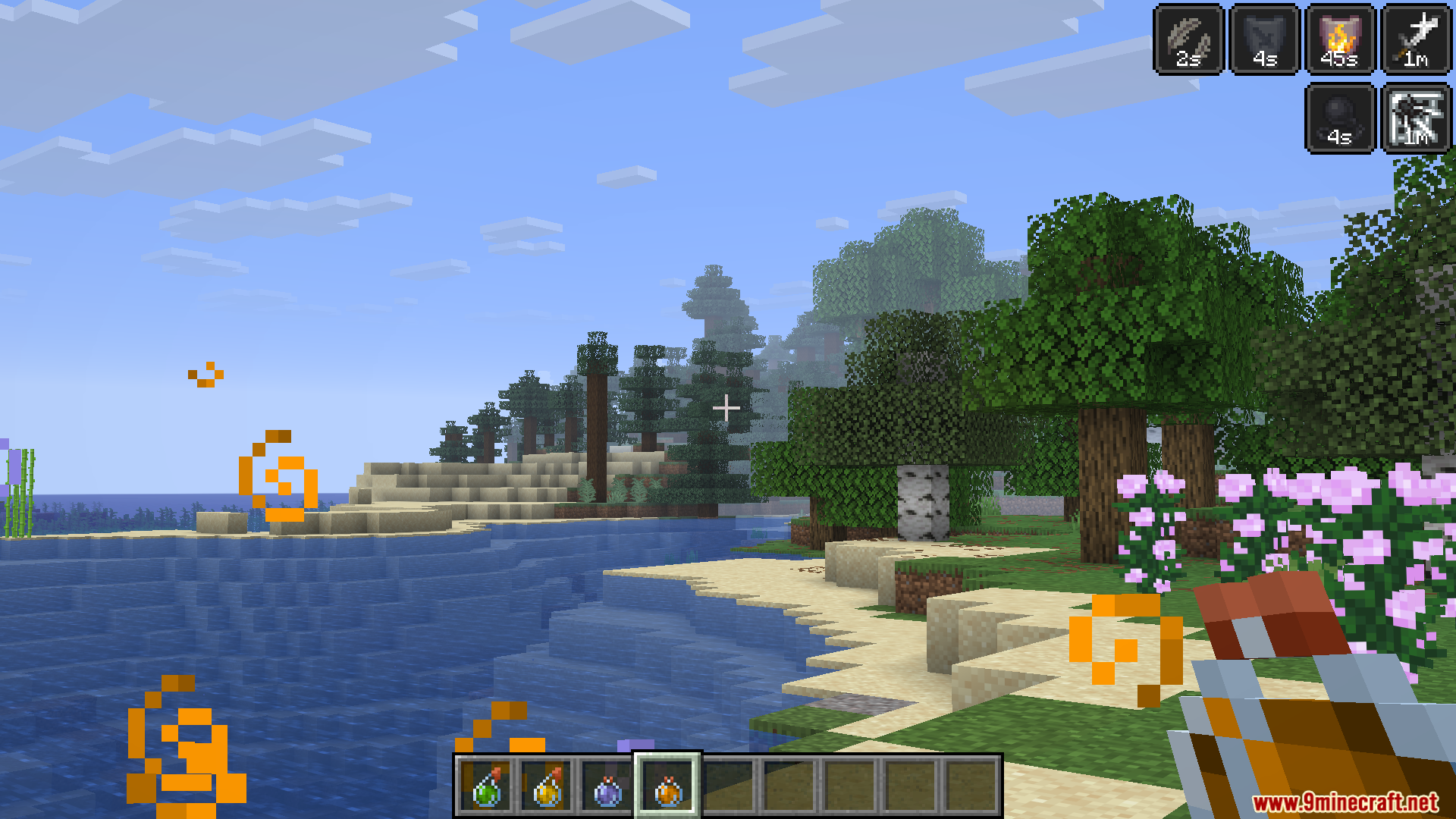 GUI Effect Timer Mod Screenshot 3 Player holding potion with countdown timers visible on active status effect icons