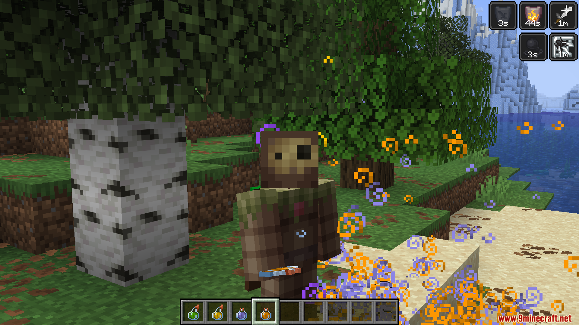 GUI Effect Timer Mod Screenshot 4 Masked player near a birch tree with active status effect countdown timers