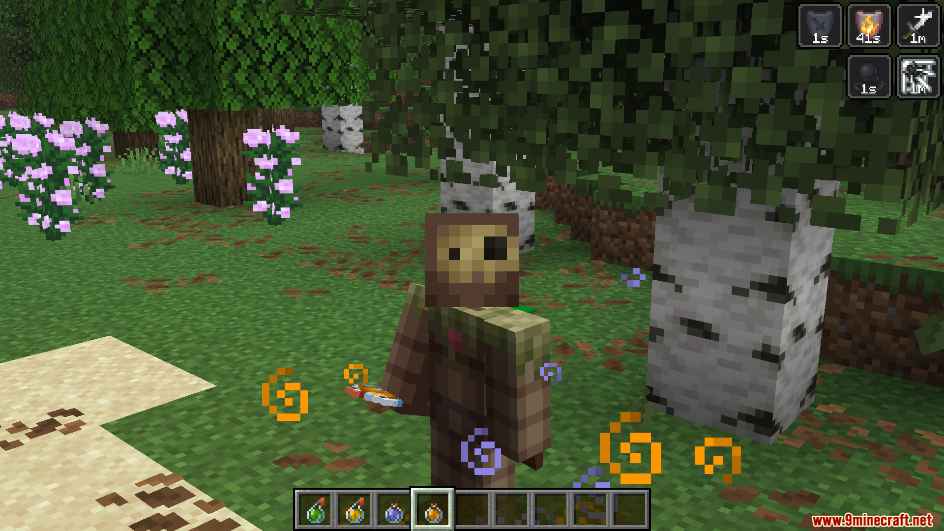 GUI Effect Timer Mod Screenshot 5 Minecraft character in a birch forest with visible status effect countdown timers
