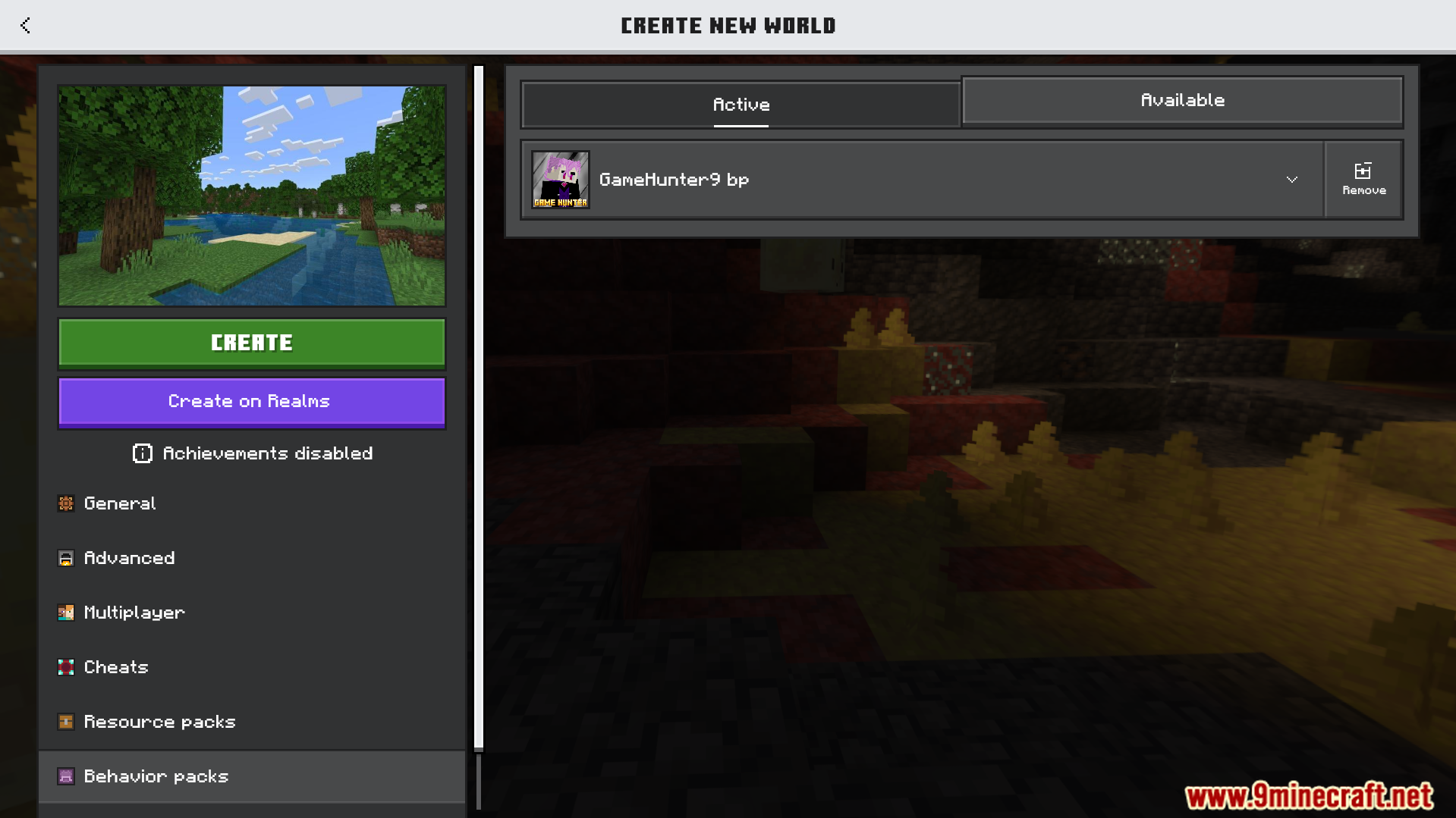 Minecraft menu showing GameHunter behavior pack active in the world creation settings