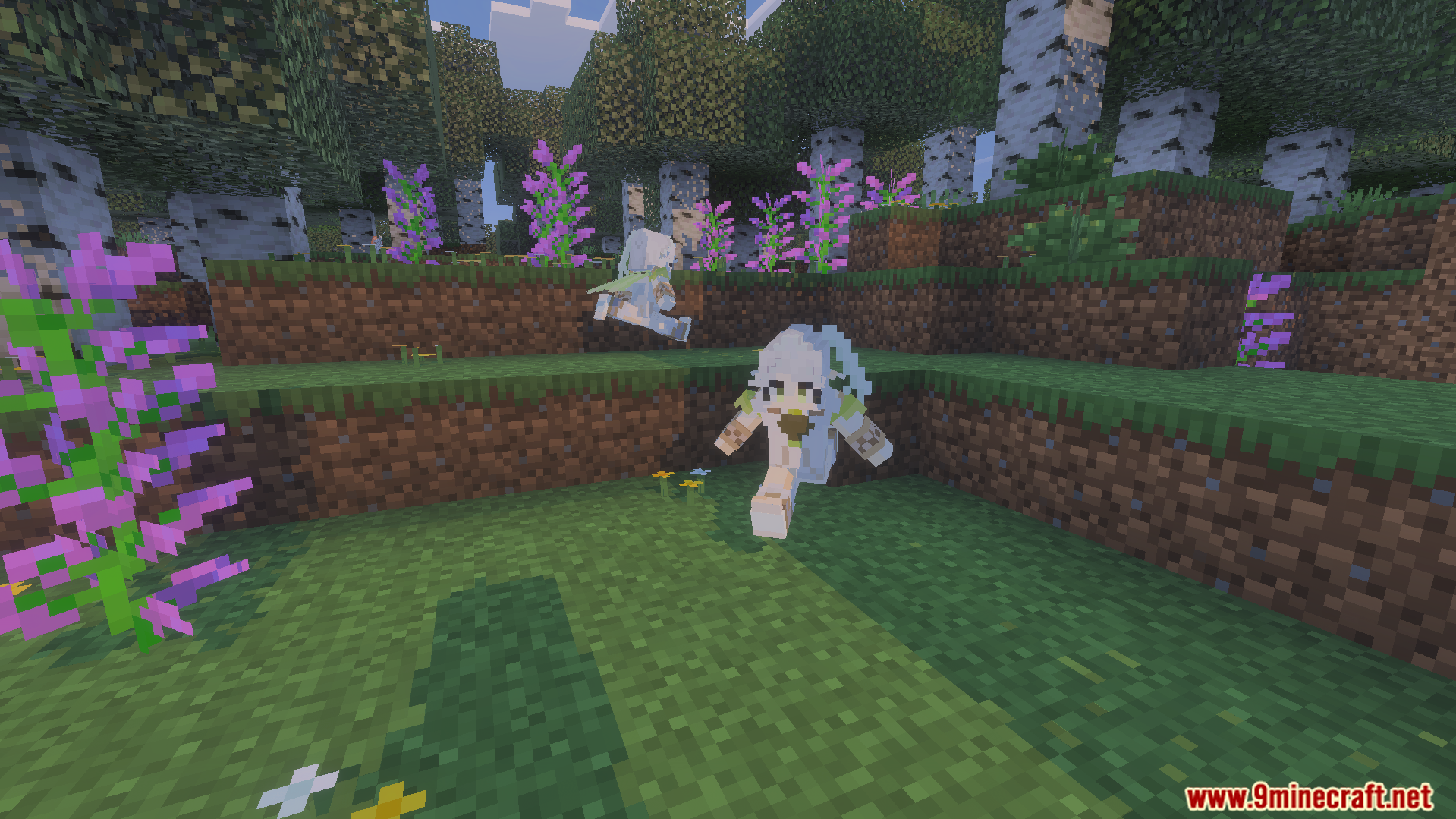 Two anime characters from Genshin Impact running through a forest with purple flowers