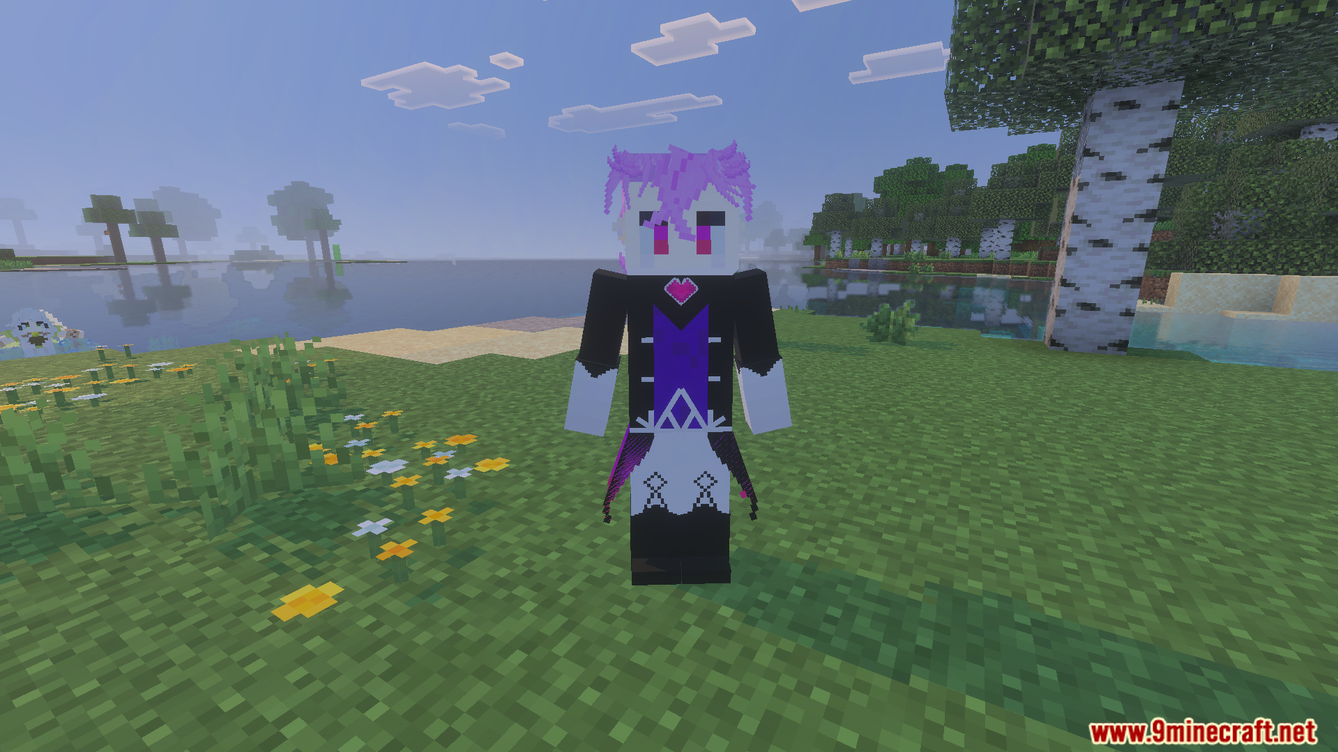 A detailed character from Wuthering Waves standing near a river with birch trees