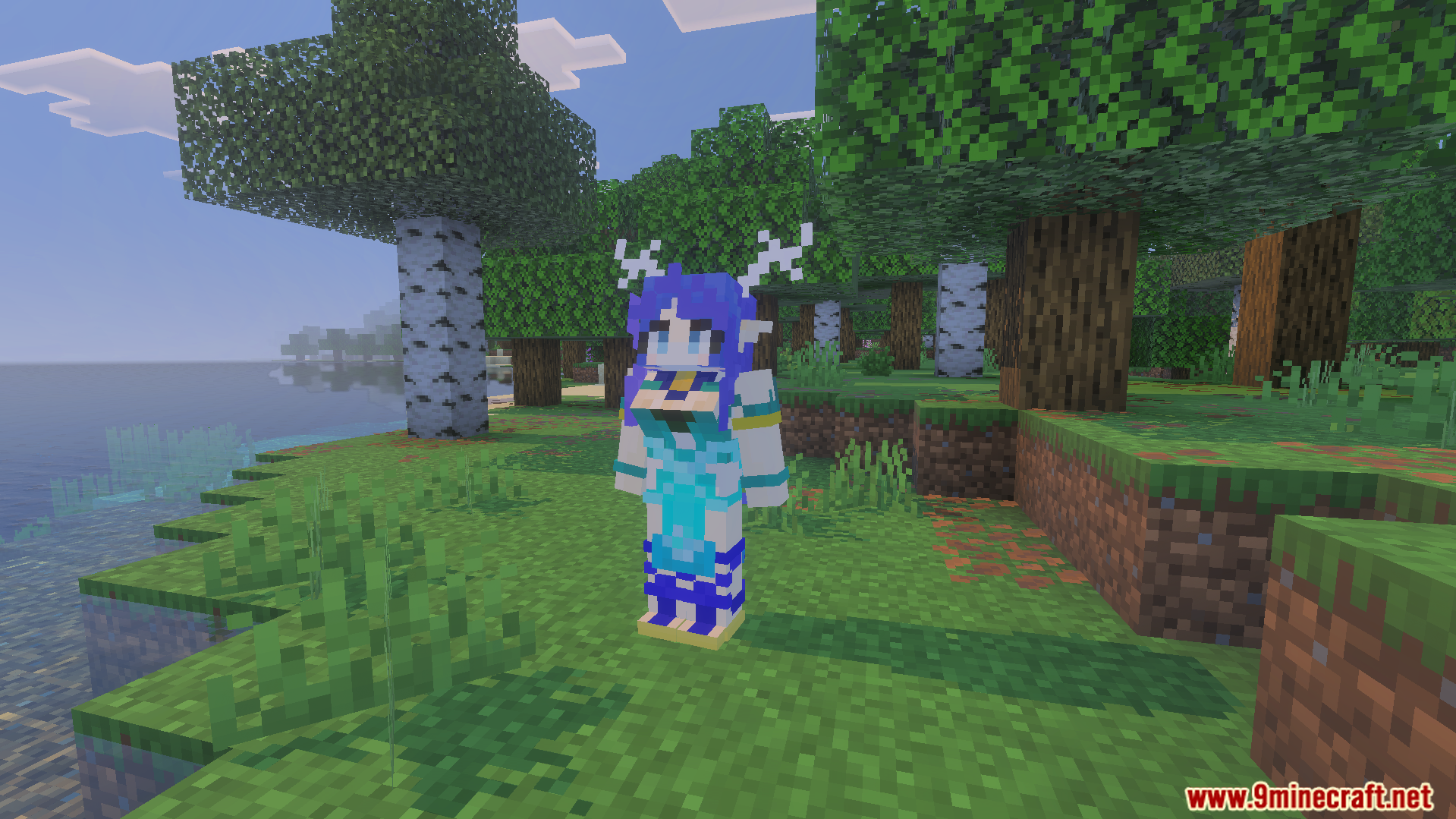A detailed character model with blue hair standing in a birch forest