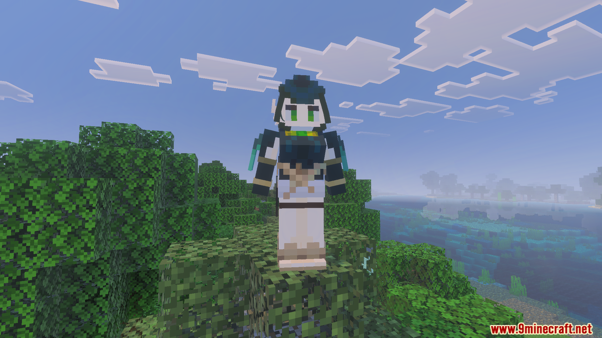 GameHunter Genshin Addon character model standing on top of green tree leaves