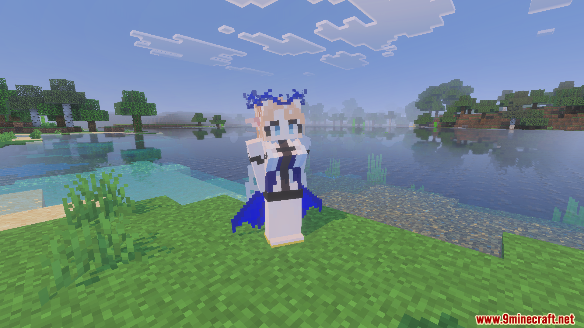 Detailed character model standing on a grass block near a lake