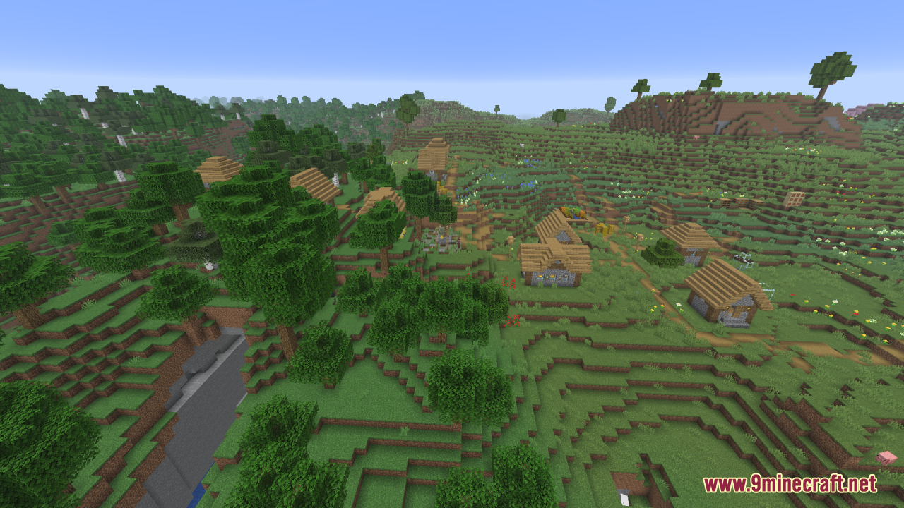 A peaceful Minecraft village with wooden houses on a bright green hill
