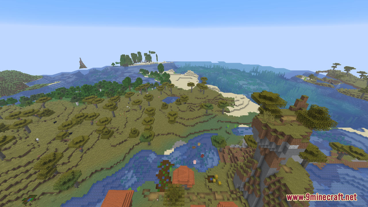 A bright savanna landscape featuring a village and a tall mountain peak