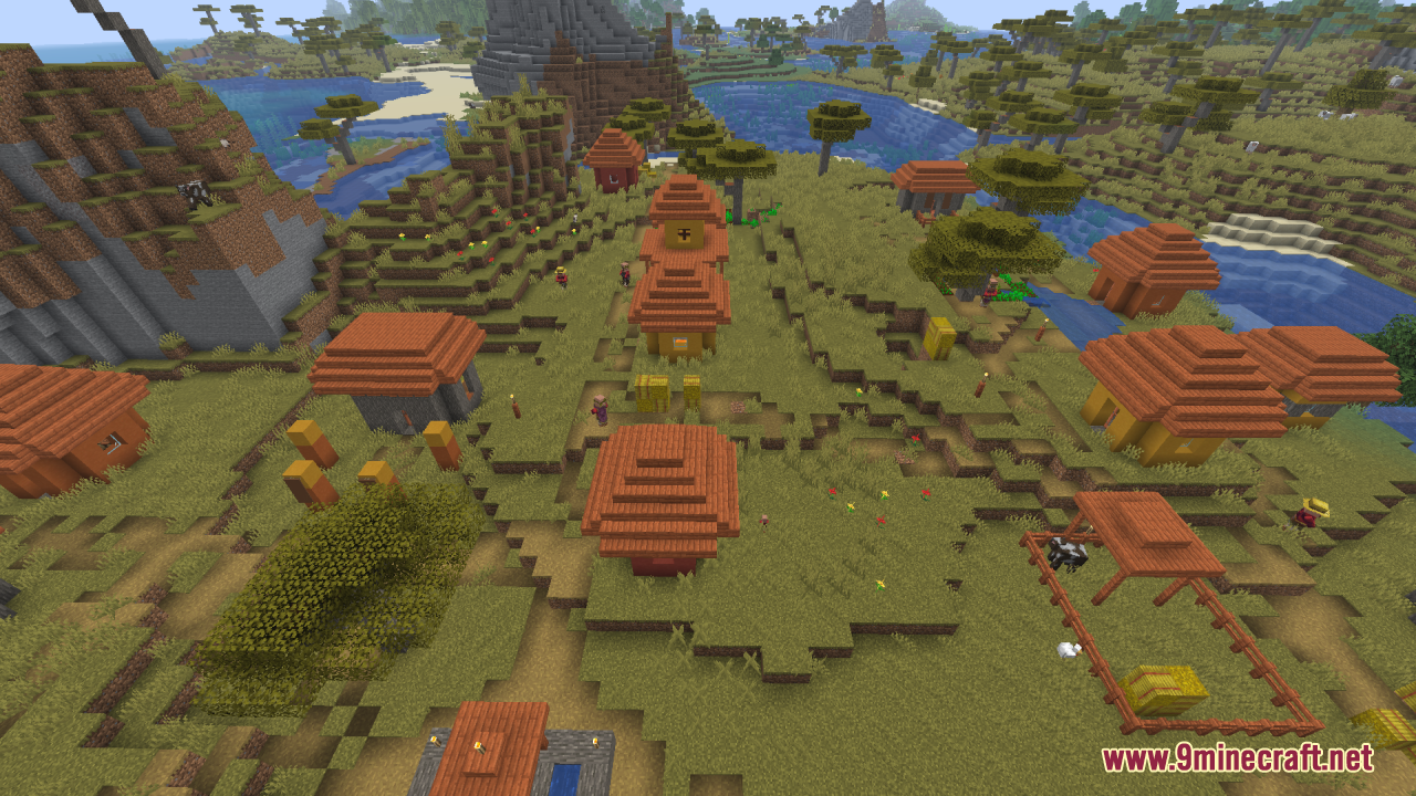 A bright savanna village with several houses and paths under clear skies