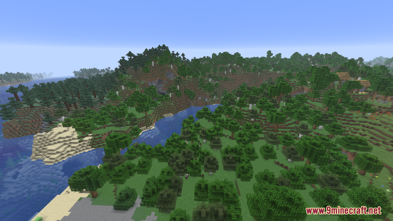 Gamma Boost Resource Pack brightens a lush forest and river landscape in Minecraft