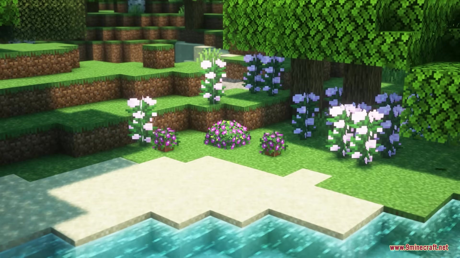 Garden Trails Mod Screenshot 1 Garden Trails Mod adds colorful flowers and greenery to a peaceful riverbank