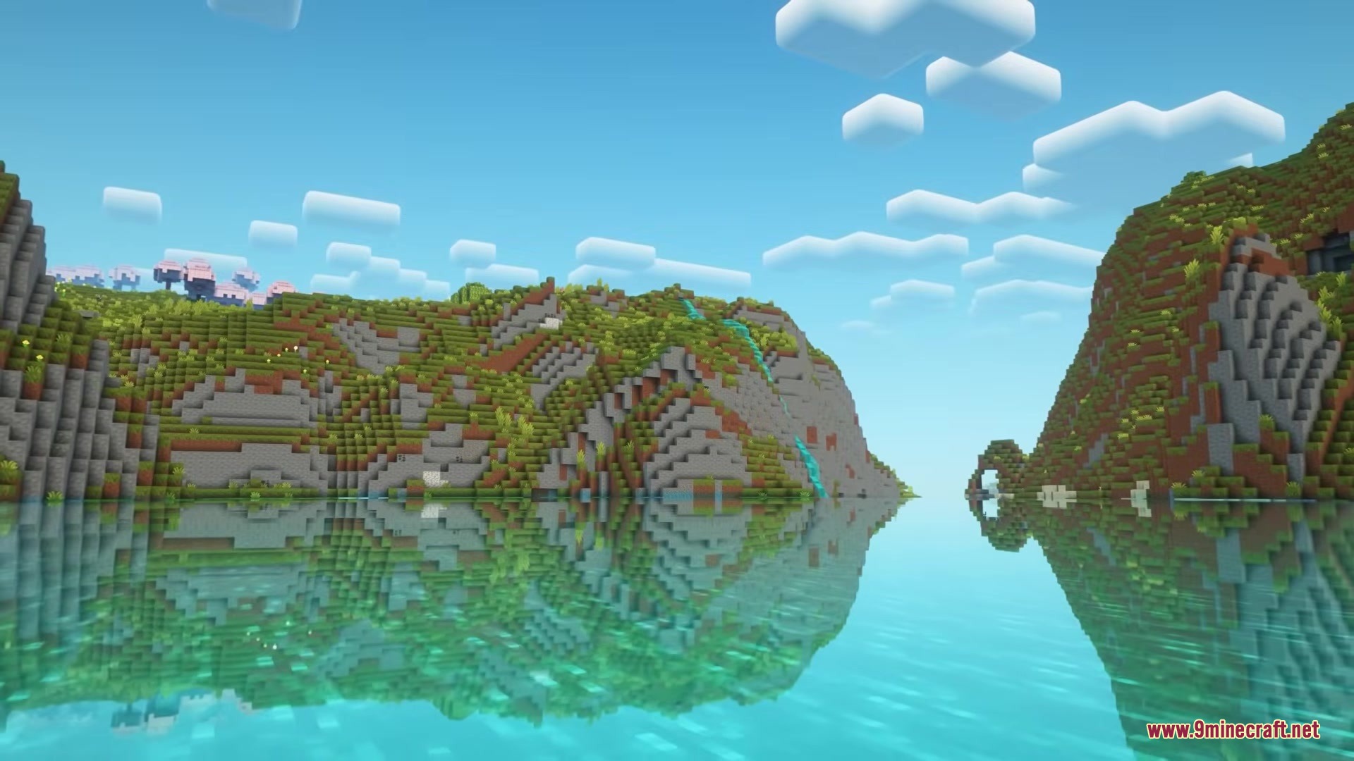 Garden Trails Mod Screenshot 3 Lush mountains and waterfalls reflecting in a clear lake under a bright sky