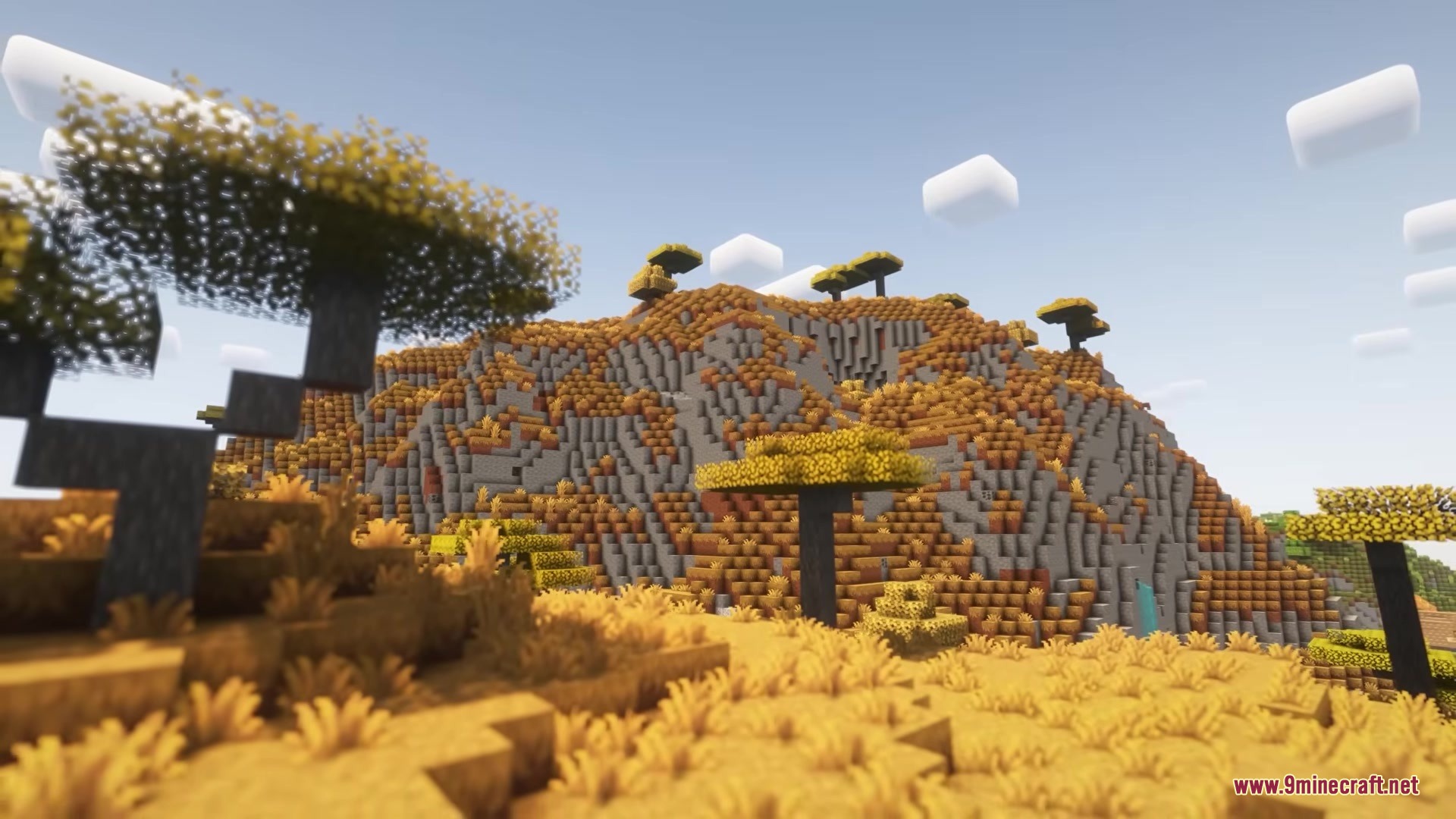 Garden Trails Mod Screenshot 5 Golden savanna biome with acacia trees and a rocky mountain landscape