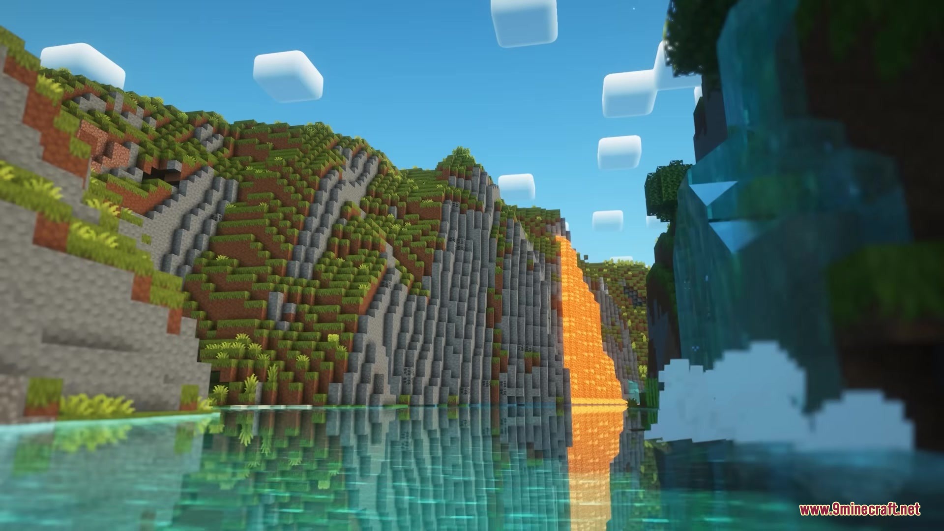 Garden Trails Mod Screenshot 6 Scenic mountain valley with a waterfall and lava flow near a lake