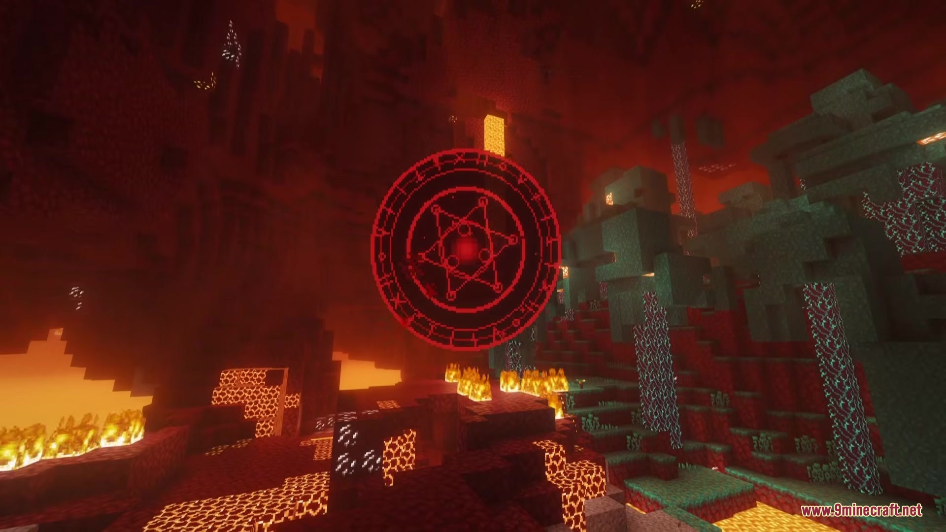 Large red glowing magic portal floats in the middle of the Nether