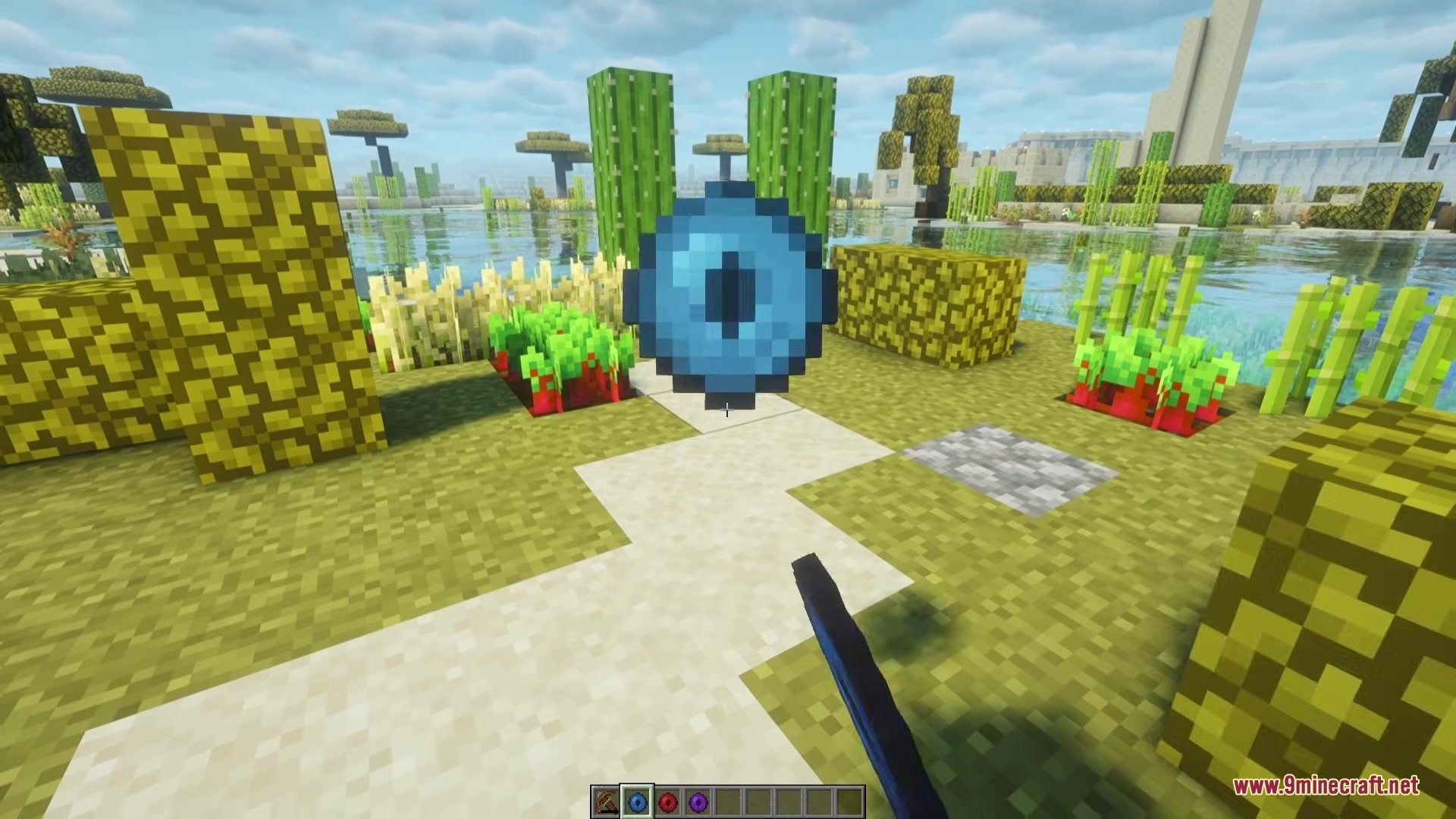 Player summons a floating blue eye portal in a sunny Overworld biome