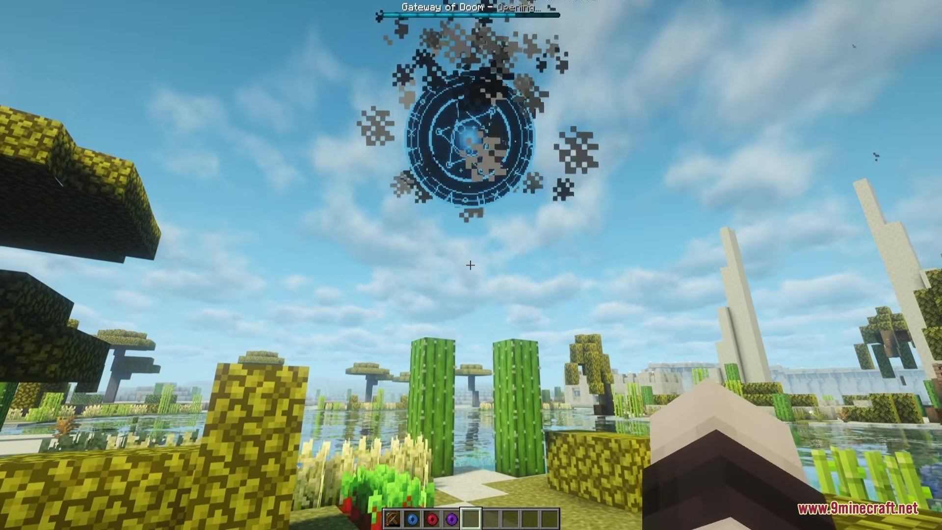 A floating blue magical portal opens in the sky above a desert oasis