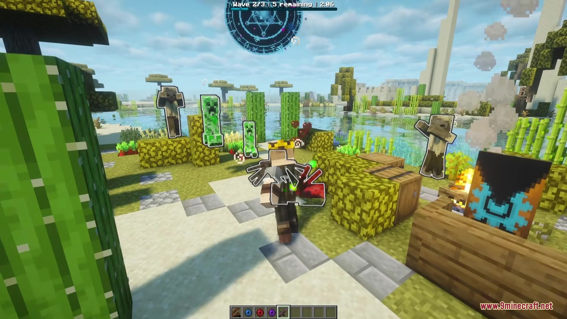 Minecraft player fighting waves of glowing mobs near a floating blue gateway portal