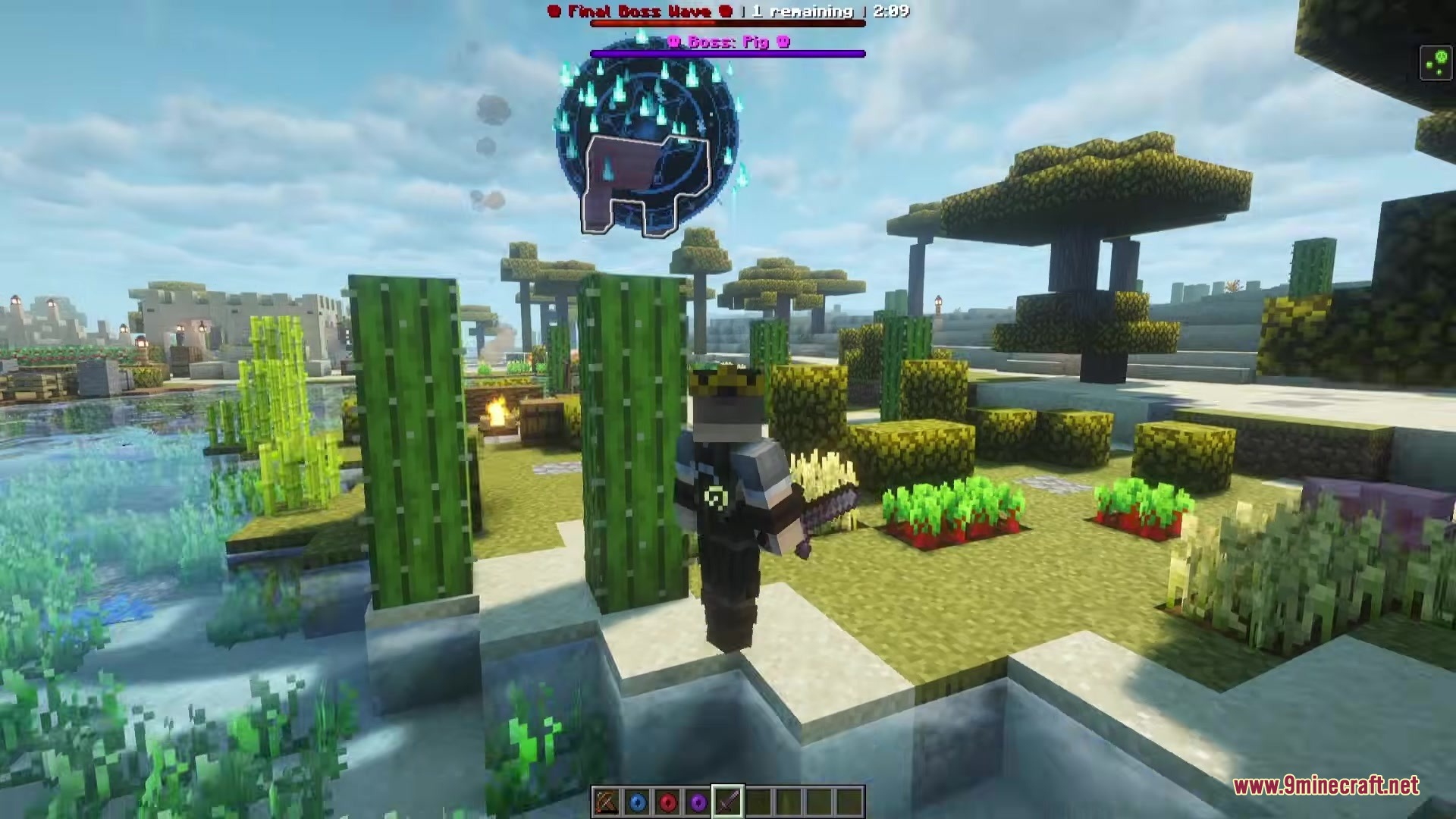Player facing a final boss pig spawned from a floating blue gateway portal