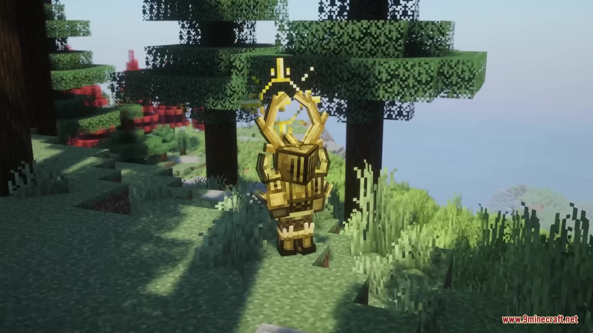 Gears of Glory Mod Screenshot 1 A player wearing golden Gears of Glory armor in a forest