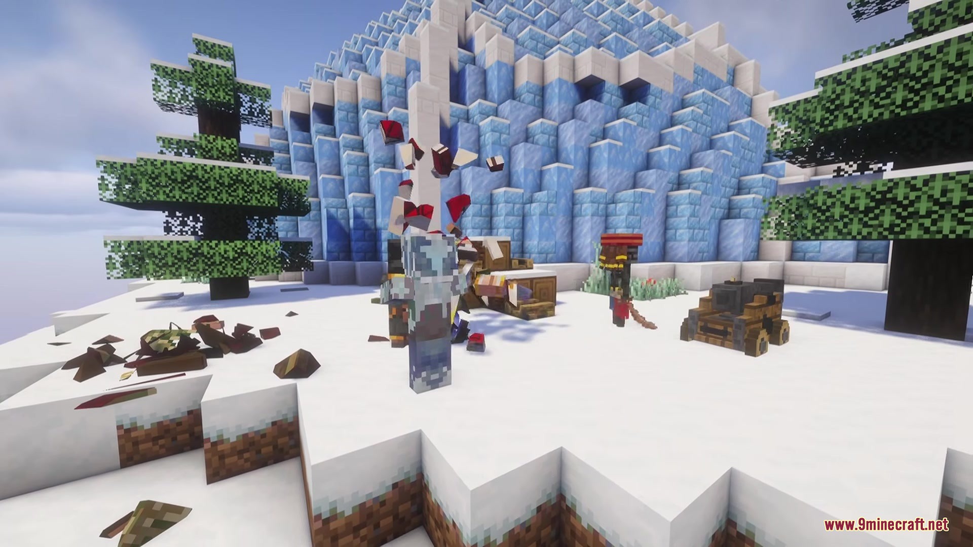 Gears of Glory Mod Screenshot 12 A player activates a magical ability with red book particles in the snow