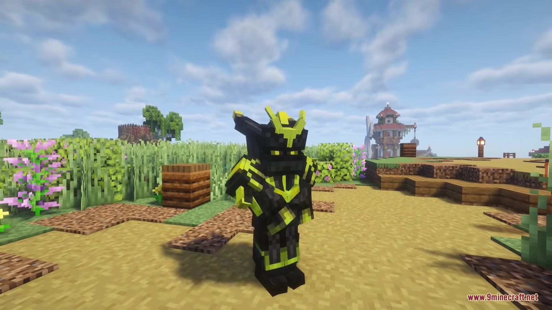 Gears of Glory Mod Screenshot 13 A player wearing a black and yellow magic armor set in a field
