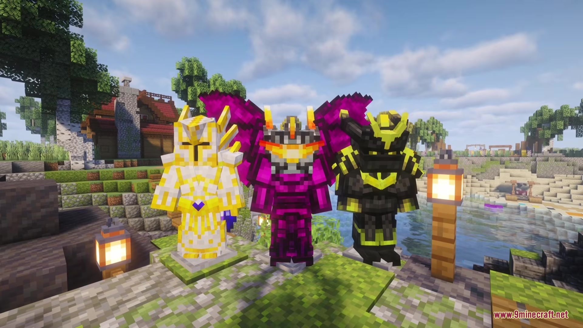 Gears of Glory Mod Screenshot 14 Three different sets of magic armor displayed on stands near water