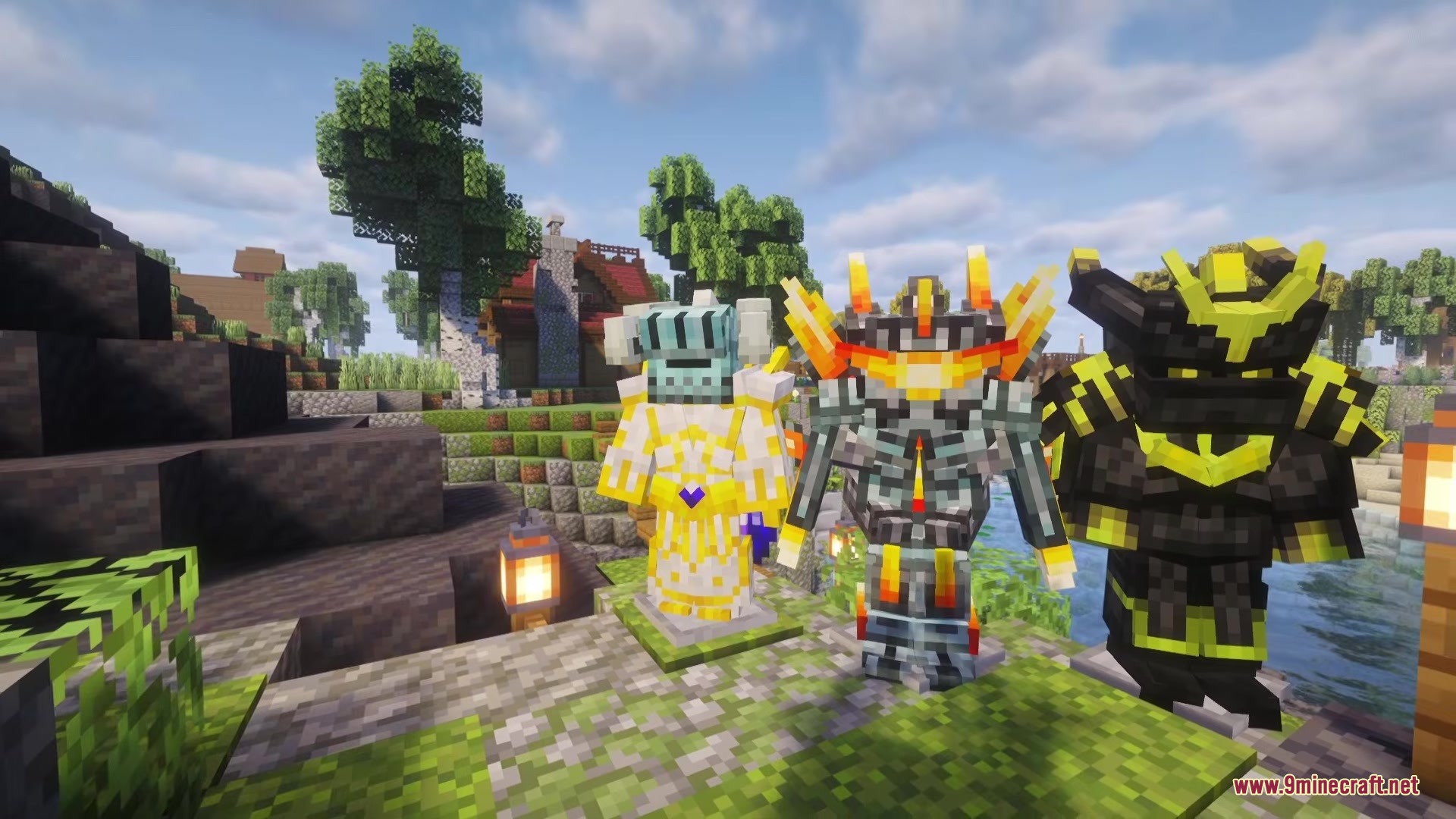 Gears of Glory Mod Screenshot 15 Three unique armor sets displayed on armor stands in a sunny Minecraft world