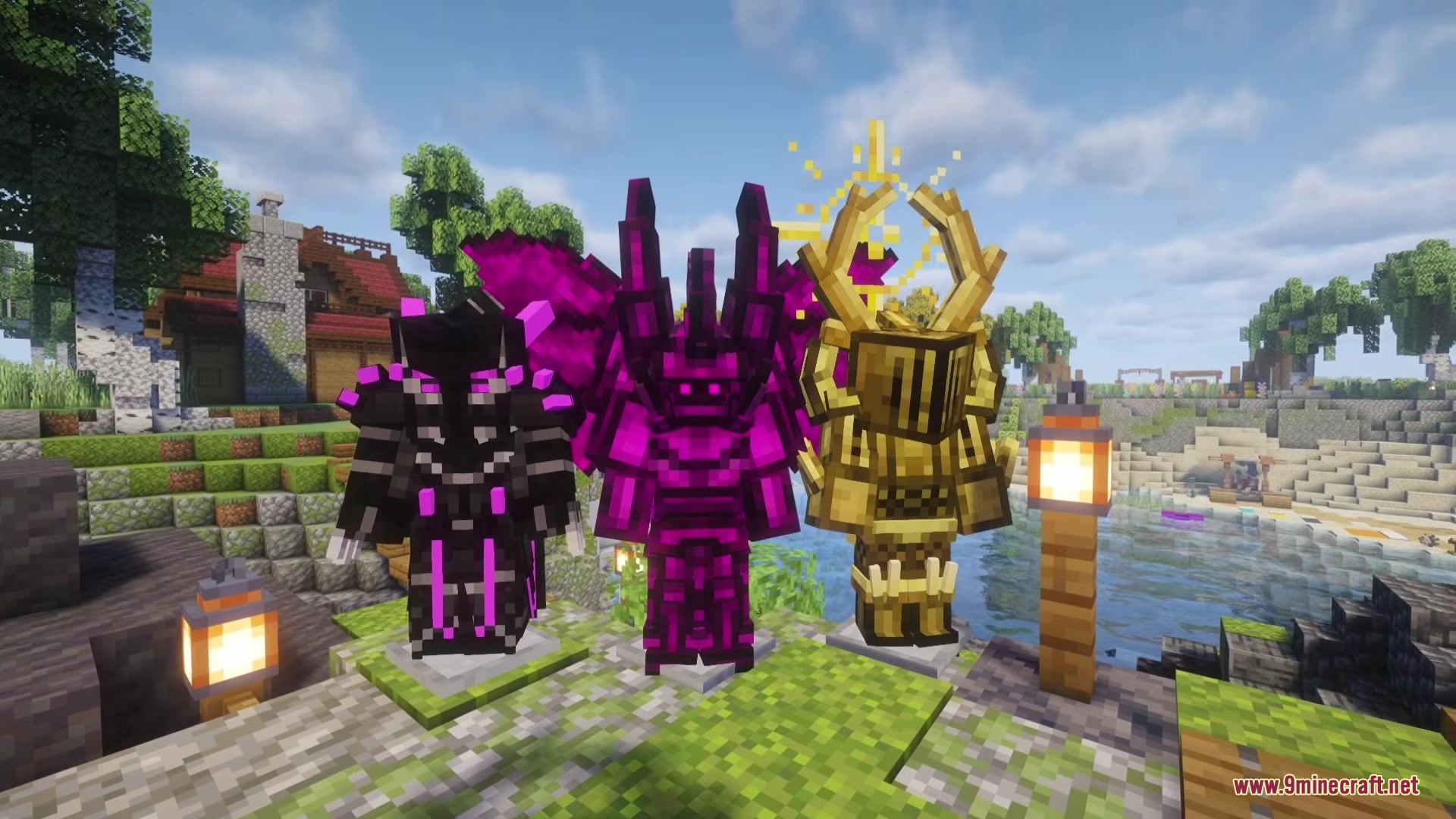 Gears of Glory Mod Screenshot 16 Three magical armor sets with glowing particles displayed on armor stands outdoors