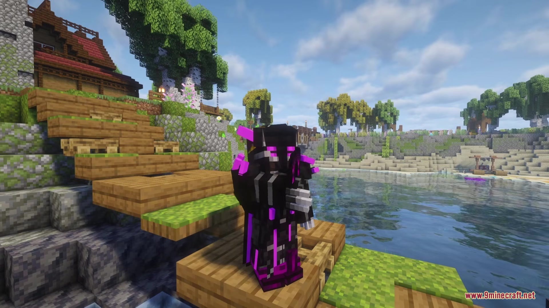 Gears of Glory Mod Screenshot 18 Minecraft character wearing a dark armor set with purple accents near water