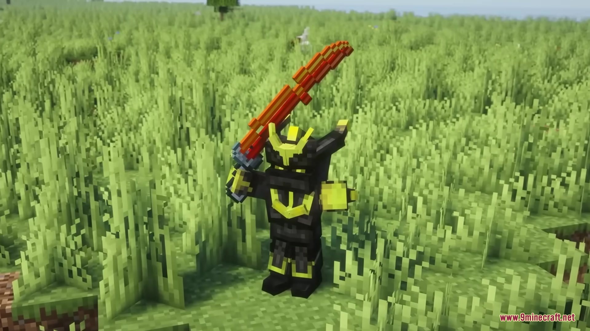 Gears of Glory Mod Screenshot 5 Minecraft character wearing black and yellow armor holding a large red sword