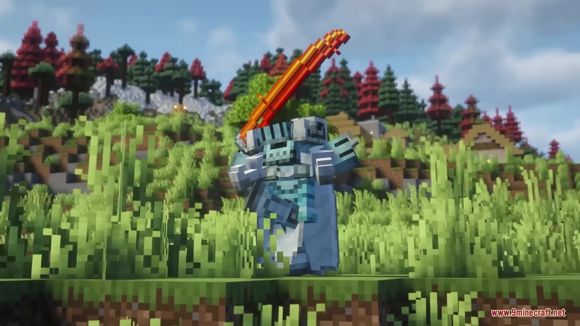 Gears of Glory Mod Screenshot 7 A knight in blue armor holds a glowing orange sword in a field