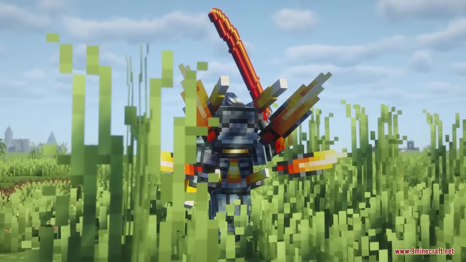 Gears of Glory Mod Screenshot 8 A warrior in spiked armor with glowing wings stands in tall green grass
