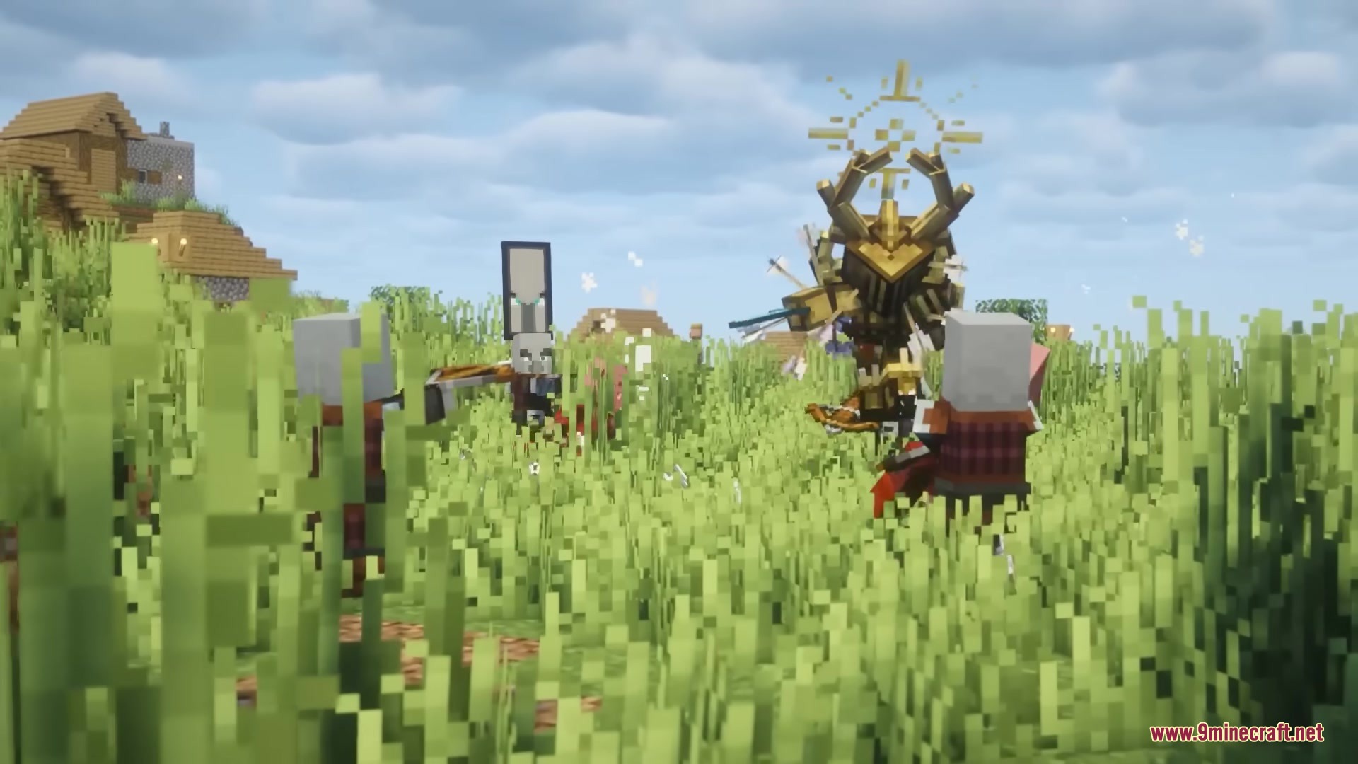 Gears of Glory Mod Screenshot 9 Pillagers attack a player wearing golden armor in a grassy village field