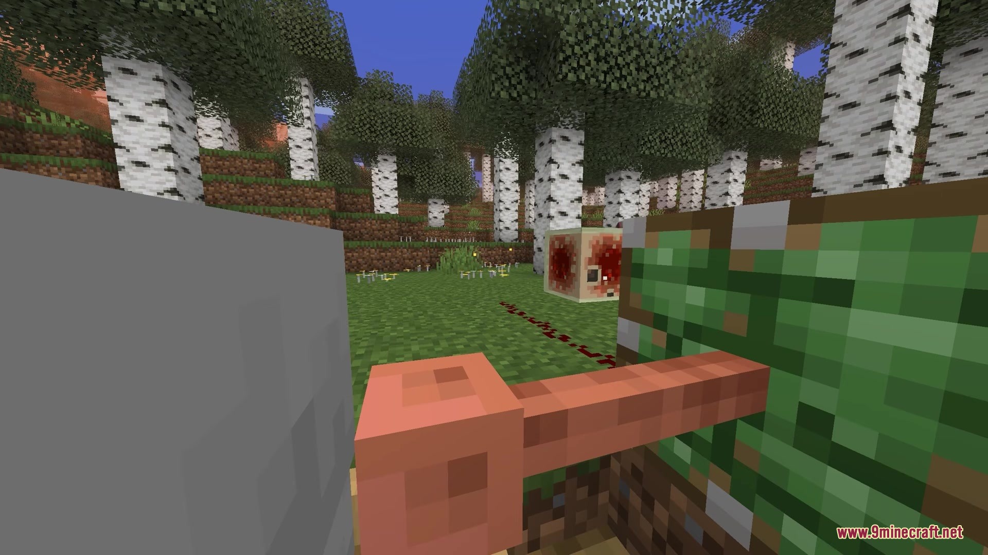 Get the Ball Rolling Mod Screenshot 3 A Sulphur Cube sits in a birch forest connected to a redstone trail