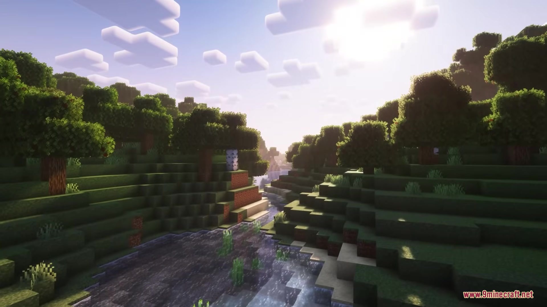 Glamurous View by Off_garo Resource Pack Screenshot 3 Scenic river valley in Minecraft with bushy leaves and realistic sunlight effects